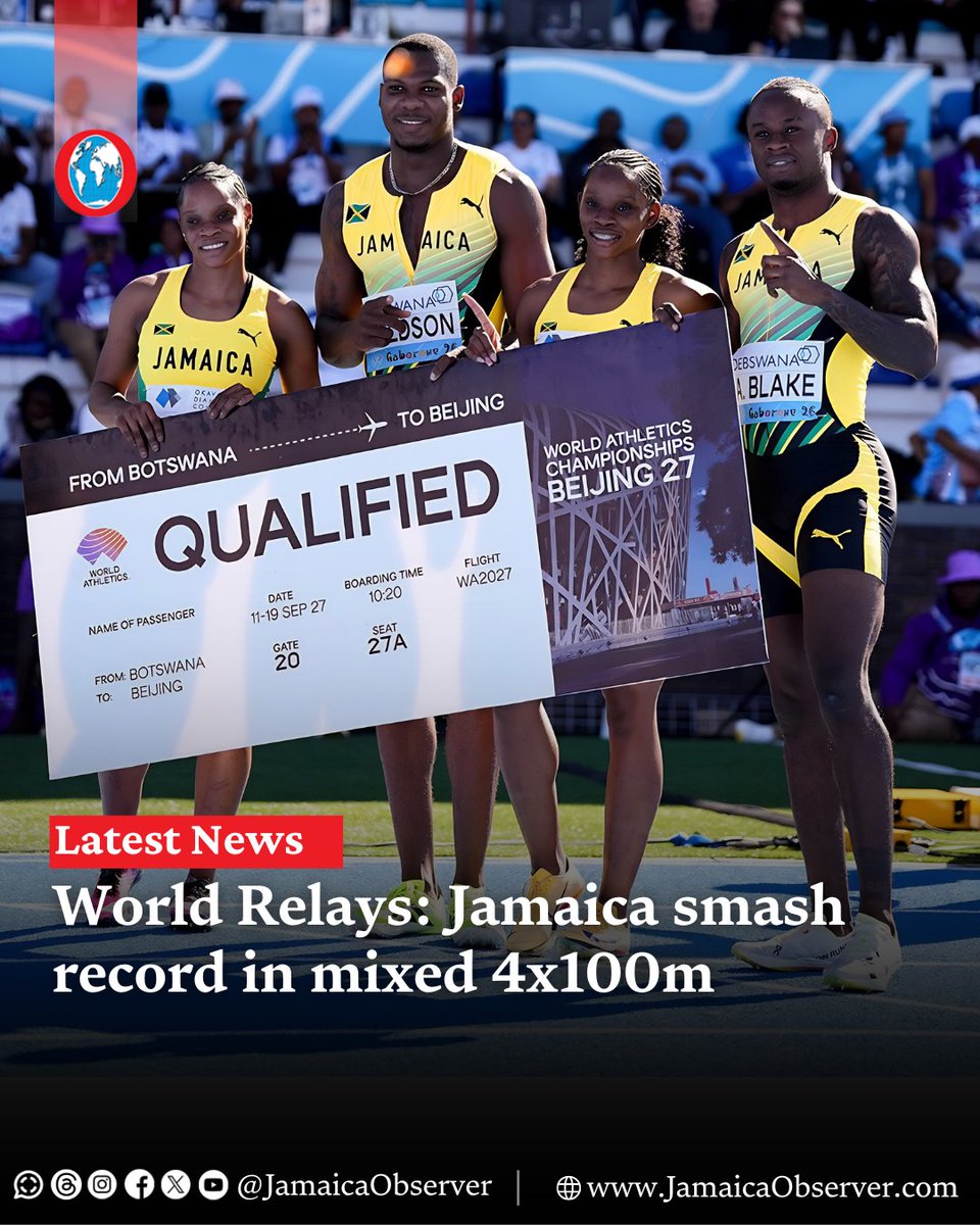 Jamaica set a world record 39.99 seconds in the mixed 4x100m relay on Saturday’s opening day of the Debswana World Athletics Relays in Gaborone, Botswana.

The team of Ackeem Blake, Tina Clayton, Kadrian Goldson and Tia Clayton dominated their heat and broke the previous record