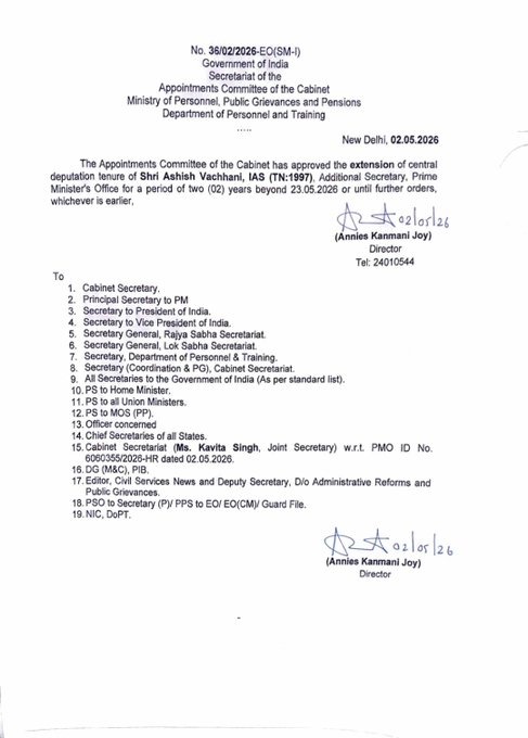 MBureaucrats's tweet image. Shri Ashish Vachhani, #IAS (TN:1997), has been granted a two-year extension of his central deputation tenure as Additional Secretary in the PMO by the Appointments Committee of the Cabinet, effective from May 23, 2026, or until further notice.
#BureaucratsMag @IASassociation