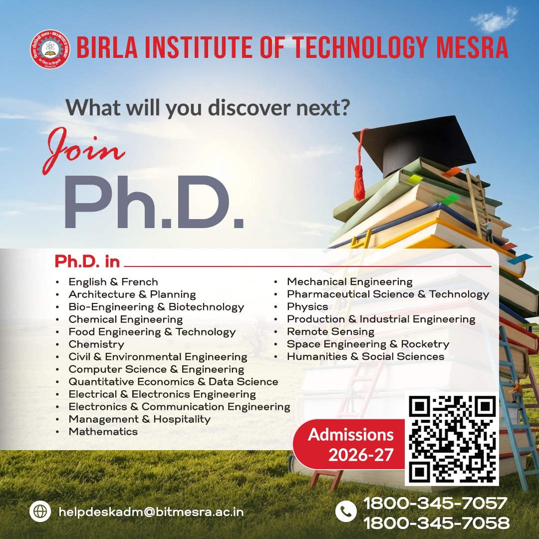 BITMesra_Ranchi's tweet image. Ready to lead the next wave of innovation? 🚀
Ph.D. Admissions for 2026-27 are now OPEN at BIT Mesra! From Architecture to Space Engineering, build your research blueprint with us.
🔗 Apply here: bitmesra.ac.in/admission/noti…

#BITMesra #PhD #Research #Admissions2026