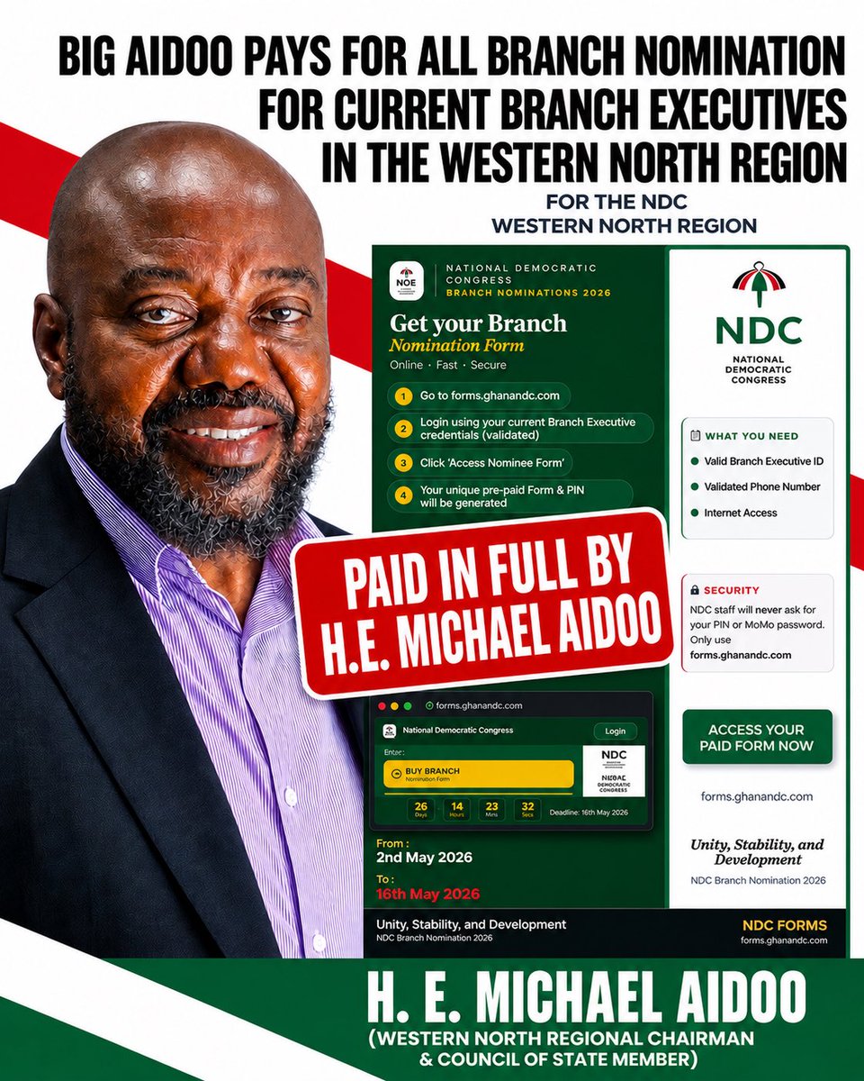 Big_Aidoo's tweet photo. THE BIG ANNOUNCEMENT
I am glad to announce that I, Michael Aidoo (Big Aidoo), have paid the nomination fees for all my current branch executives in my region. This is a move that I believe will show my appreciation for their dedication and the work they did during their  tenure. https://t.co/o6cM6IsWS3