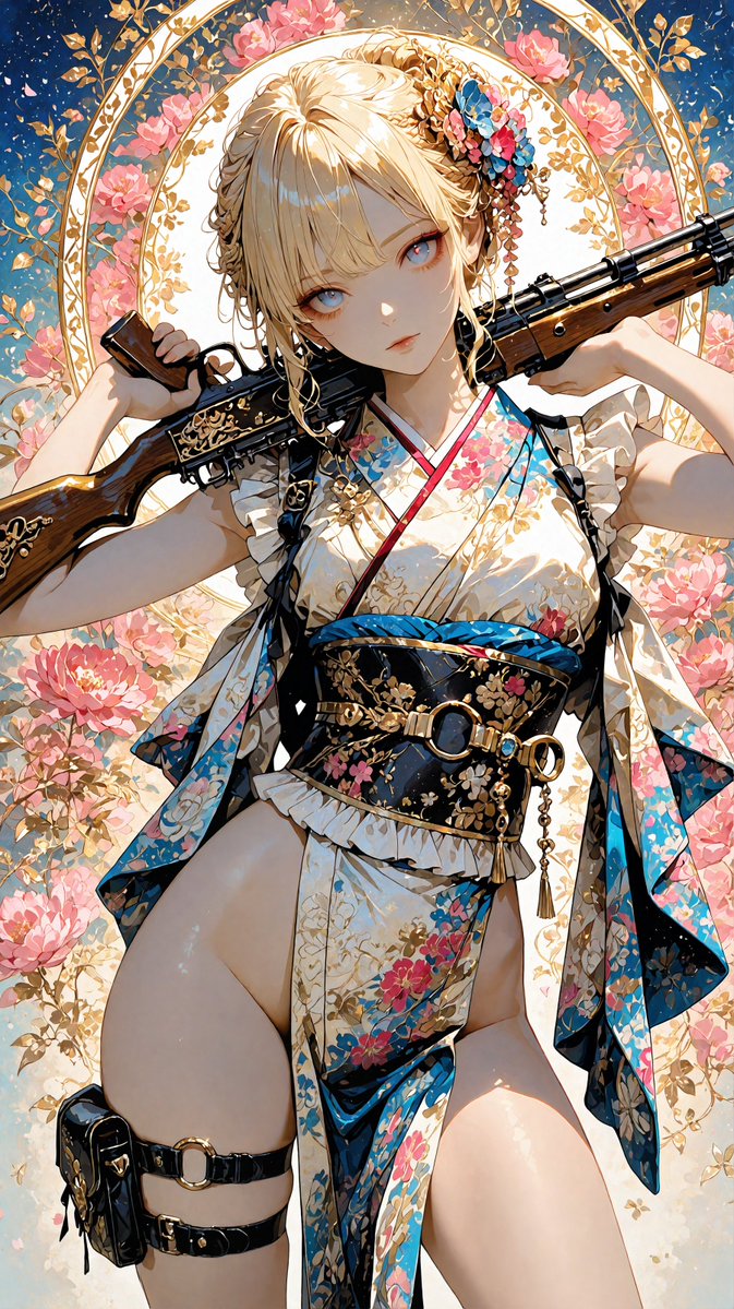 No.670｜金髪の和装ガンナー、花と金細工に囲まれた静かな視線
装飾銃まで衣装の一部みたいに溶け込んだ、豪華な花紋ポートレートの一枚