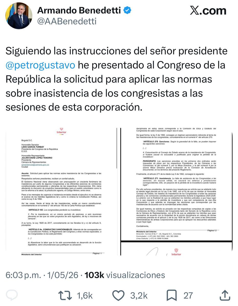 No Benedetti, el Ministerio del Interior no tiene competencia para instruir a las Mesas Directivas del Congreso sobre cómo gestionar situaciones propias de su naturaleza. 

El régimen disciplinario interno del Congreso, regulado por la Ley 5 de 1992 y la Ley 1828 de 2017, opera