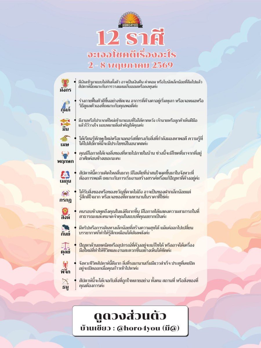 ❗️12 ราศี จะเจอโชคดีเรื่องอะไร❗️
(2-8 พ.ค. 69)

มาดูกันว่าราศีของคุณกำลังจะเจออะไรจ้า

(สนใจดูดวงทัก Line : @horo4you)