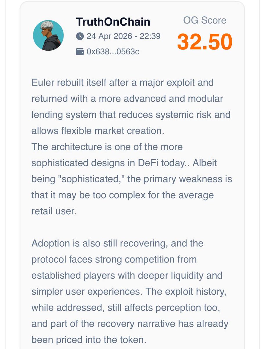 OGAudit's tweet photo. Spotlighting our expert reviews on: @eulerfinance

Our OG expert reviewers note that Euler $EUL has rebuilt into a more advanced and modular DeFi platform after its major exploit with improved security and flexible lending architecture. However, complexity, slow trust recovery and strong competition continue to limit adoption. 

Can Euler regain user confidence and traction or will complexity and past exploits keep it lagging behind?

More on the OG audit review and the project info here: 
ogaudit(.)com/crypto/euler-eul

https://t.co/EzLhrZCfvL
