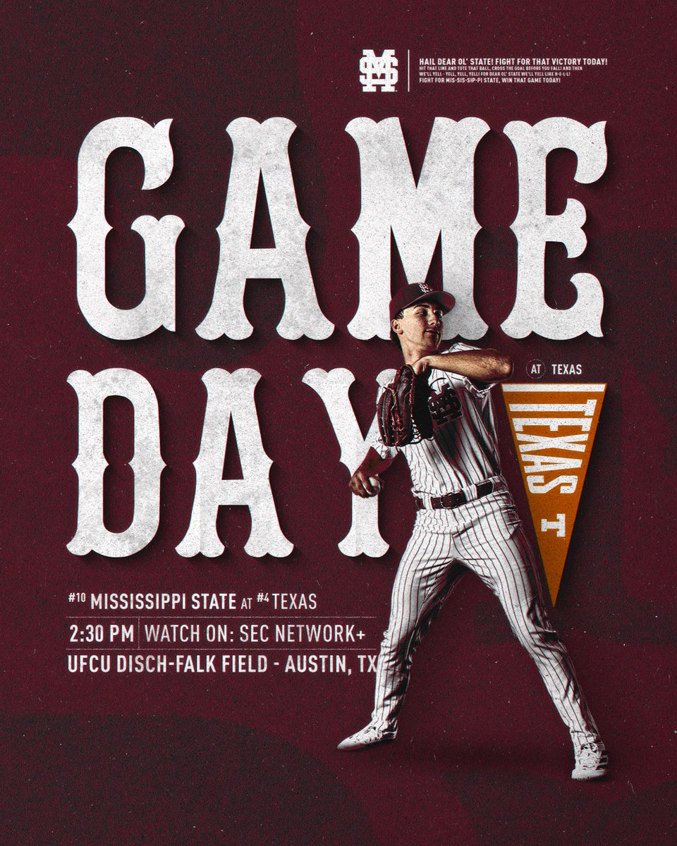 HailStateBB's tweet photo. 𝗚𝗔𝗠𝗘 𝗧𝗪𝗢 𝗜𝗡 𝗧𝗘𝗫𝗔𝗦

🆚:  No. 4 Texas
🏟️:  UFCU Disch-Falk Field
📍:  Austin, TX
🕝:  2:30 PM CT
📺:  SEC Network +
💻:  https://t.co/DgZggjC37h
📻:  https://t.co/MuRrNdCuD5
📊:  https://t.co/Cjt1gcO19v

#HailState https://t.co/HjlZ22tvfT