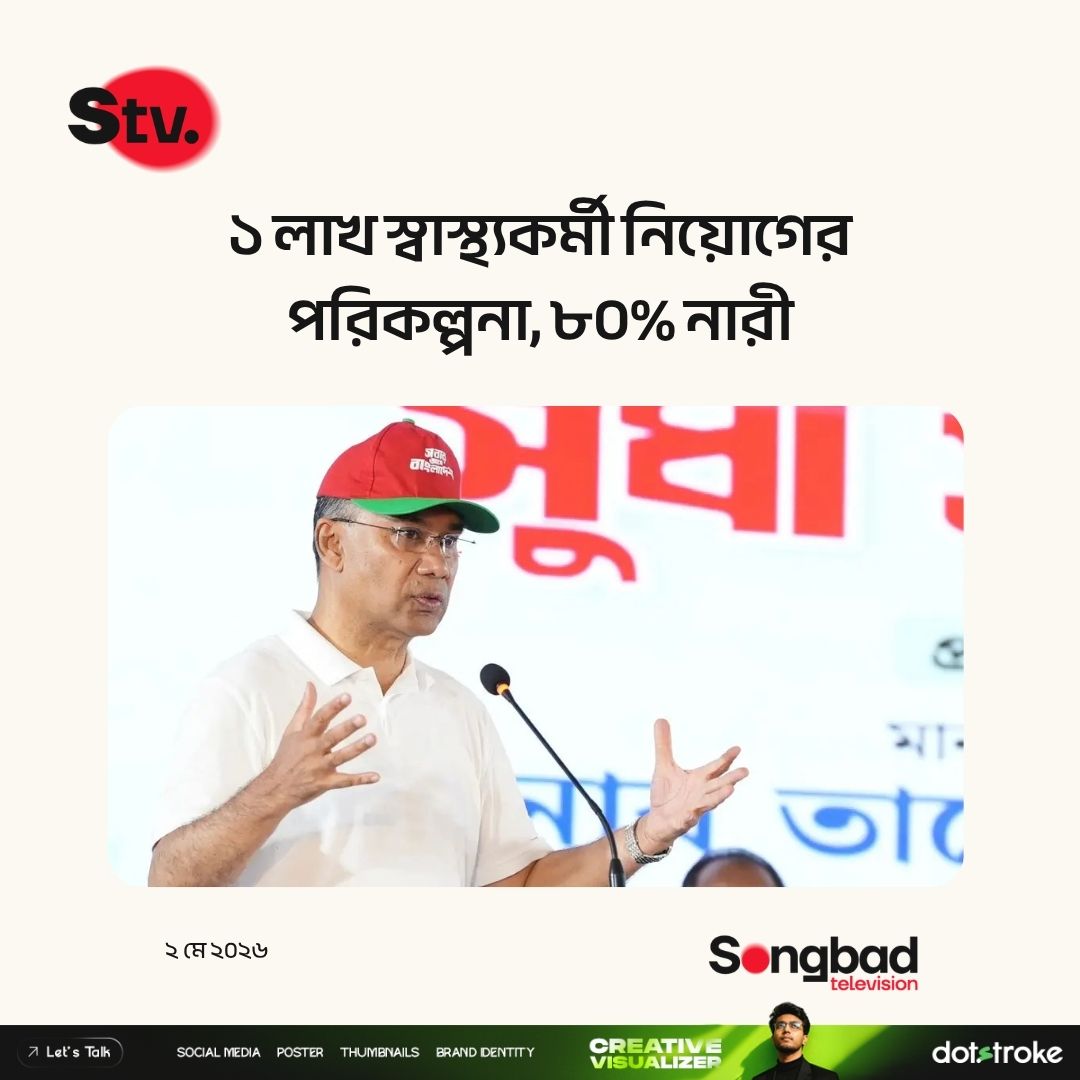 getsongbad's tweet image. ১ লাখ স্বাস্থ্যকর্মী নিয়োগের পরিকল্পনা, ৮০% নারী
.
.
.
Plans to hire 100,000 health workers, 80% of them women
#স্বাস্থ্যকর্মী #PrimeMinister #tarekrahman #songbadtv #songbadtelevision