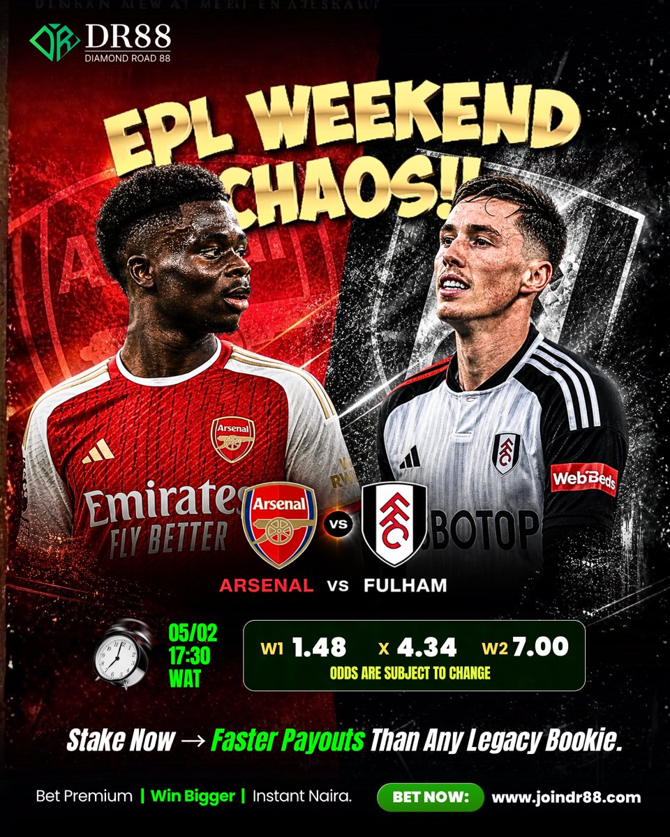 EPL WEEKEND CHAOS: ARSENAL VS FULHAM! ⚽️
The Gunners are hunting for points, but can Fulham pull off a shocker? The odds are live and the chaos is guaranteed!
Why Stake with DR88?
• Faster Payouts: Get your winnings quicker than any legacy bookie.
• Elite Odds: Secure premium