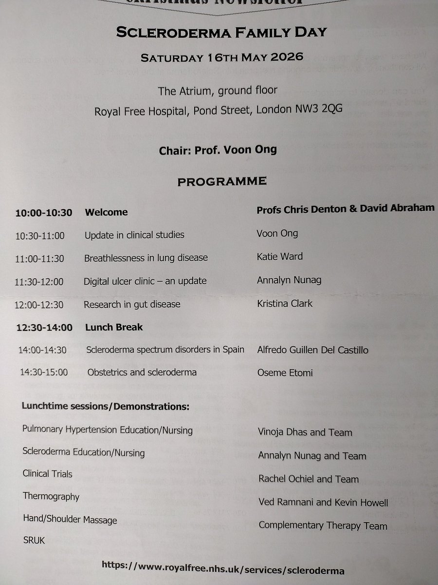 SclerodermaRF's tweet photo. 2 weeks Sat 16th May: annual family day and 31st year anniversary of the scleroderma unit 🥳
FREE, accessible to all @RoyalFreeNHS
#SclerodermaFreeWorld #RaynaudsFreeWorld 
#Research #Scleroderma #SystemicSclerosis #Raynauds #RareDisease #NoCure #UnknownCause #BePartOfResearch https://t.co/dQAcgqY7qy
