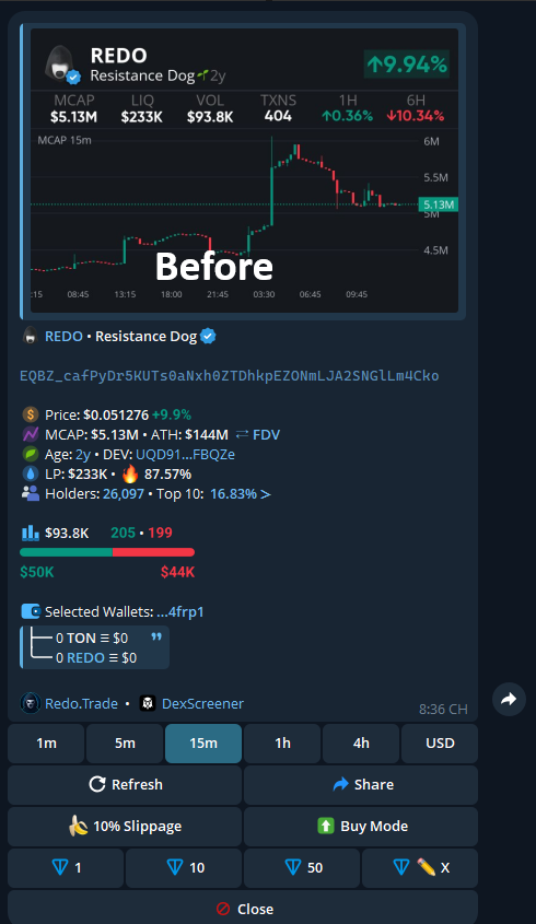 REDOTRADE

💡 Did you know?
To move the chart to the bottom, go to the bot /settings and turn off "Chart on Top"

This makes trading on your phone much easier, you won't have to scroll all the way up just to see the chart.

🕯 Trade now: t.me/redotrade