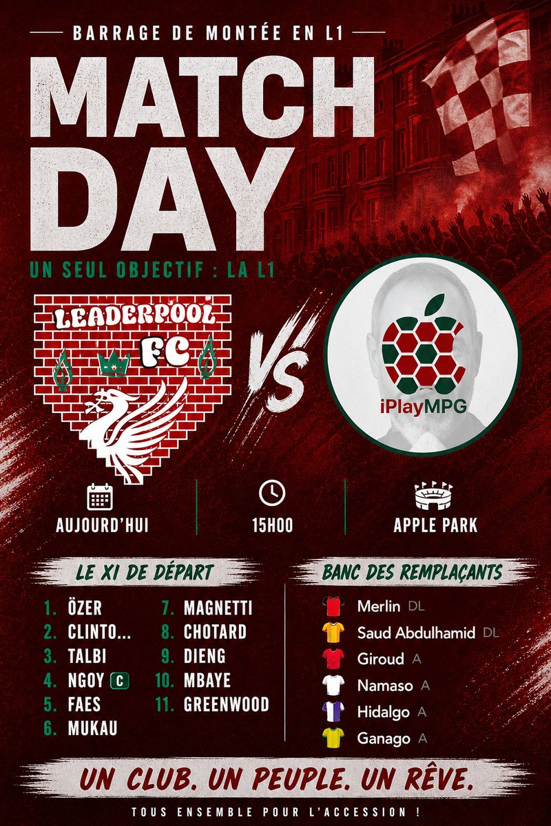 leaderpoolFC's tweet photo. Barrage montée L1

🆚 @IplayMPG2_0

🏟️Stade Apple Park 

⏰Coup d'envoi 15h00 https://t.co/BqKTyIgdQN