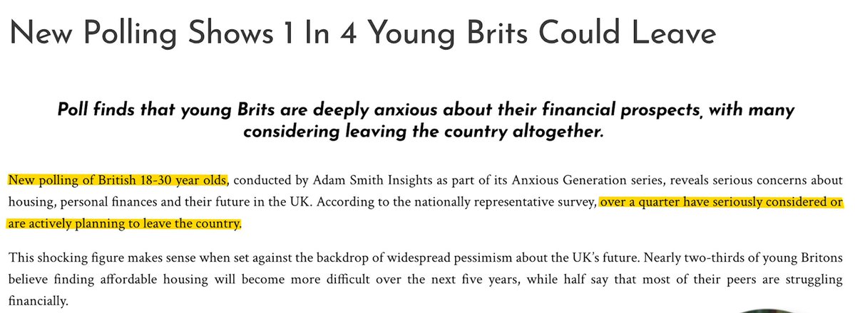 6) Driving the youth away.

In 2025, the UK Office for National Statistics quietly revised their numbers.

The real figure of Brits leaving the country wasn't 77,000 a year.

It was 252,000. One of the highest in modern history.