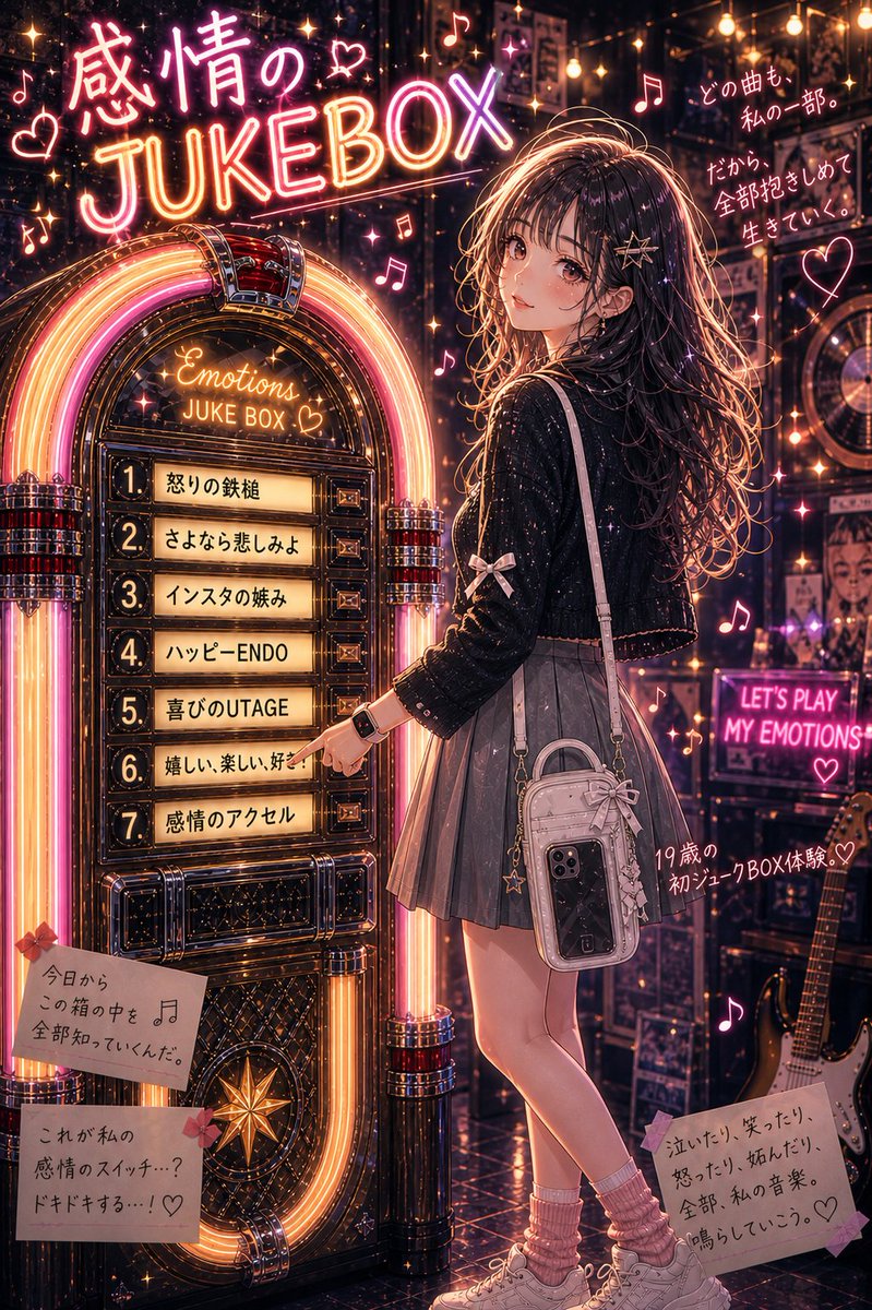 ezo_momo's tweet image. 新曲「感情のJUKEBOX」
～My Emotional Jukebox～
リリースしました🐱
19歳の女性が初体験した
感情をチョイスして
気分に合わせて自動的に曲が流れる
感情ジュークボックスを歌にしました😺
 #Suno
 #AImusic
 #オリジナルソング

【Suno】フルバージョン👇🏻
suno.com/s/K8DKIevTi0ae…