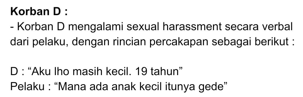 Detektifswast4's tweet photo. Korban lainnya yang juga mengalami pelecehan seksual secara verbal

- Korban D : https://t.co/YL31AKg4g4