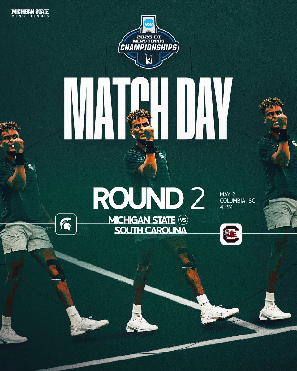 MSU_MTennis's tweet image. Spartans clash with the Gamecocks in the 2nd Round of the NCAA Tournament!!🎾

Michigan State at (13) South Carolina
4 p.m. 🚨**Note time change🚨

Follow the action live from Columbia, SC:
💻 sprtns.co/4tPg75e
📊 sprtns.co/3OEVWYy

#GoGreen
