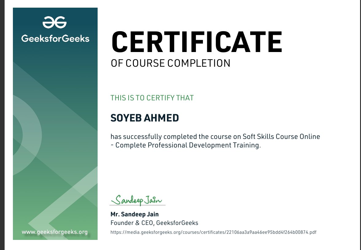Soyeb_Ahmed1's tweet image. 💡Technical Skills Get You Hired. Soft Skills Make You Grow. 
I’m happy to share that I’ve successfully completed the Soft Skills Course – Complete Professional Development Training by @geeksforgeeks  . 🎯

#SoftSkills #ProfessionalDevelopment #GeeksforGeeks #SkillDevelopment