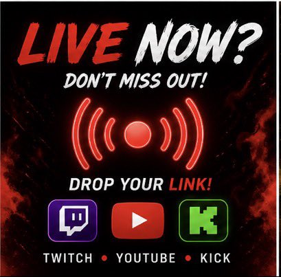 StreamerBPromos's tweet image. LIVE NOW? 👀

Drop your link + viewer count 👇

Let’s help boost each other.

#twitch #kick #youtube #LiveNow #rt
@rtsmallstreams @TwitwatchRT