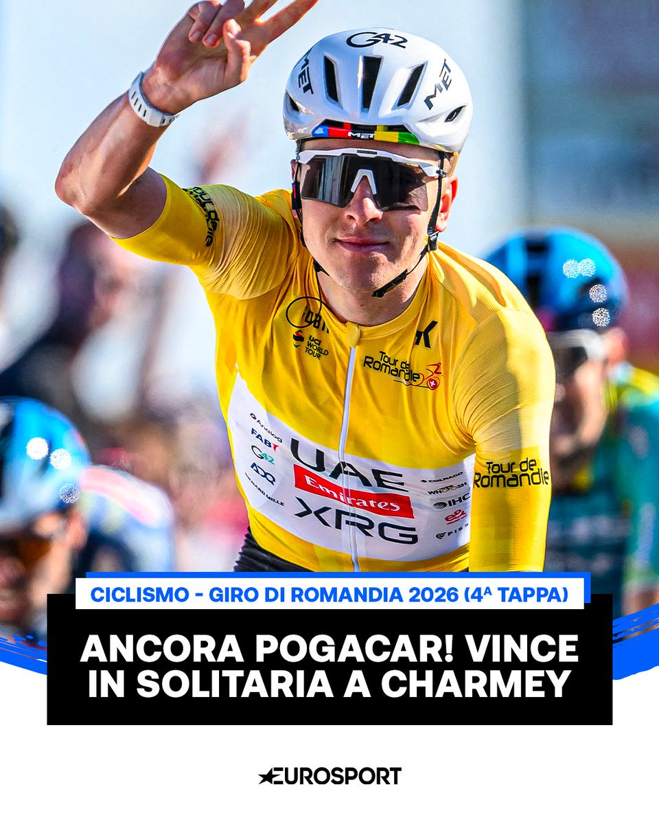 Eurosport_IT's tweet image. TADEJ MAESTOSO FIRMA LA TRIPLETTA 🙌

Dopo due vittorie in volata, Tadej Pogacar conquista la 4ª tappa del Romandia in solitaria davanti a Lipowitz che non è riuscito a reggere il ritmo dello sloveno 🚴‍♂️

#Ciclismo #Cycling #TDR26 #Pogacar
