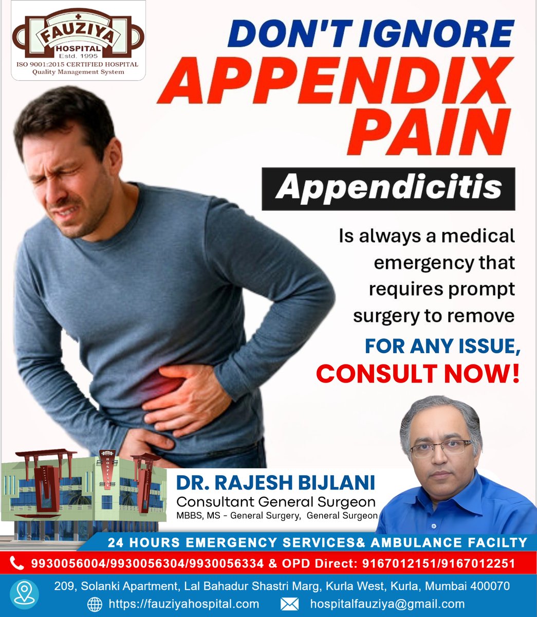 FHospital54763's tweet image. 🚨 Don’t Ignore Appendix Pain!

Appendicitis is a serious medical emergency that often requires immediate surgery. Delaying treatment can lead to complications.
📞 Call Now:
9930056004 / 9930056304 / 9930056334 #Appendicitis #AppendixPain #EmergencyCare #GeneralSurgery