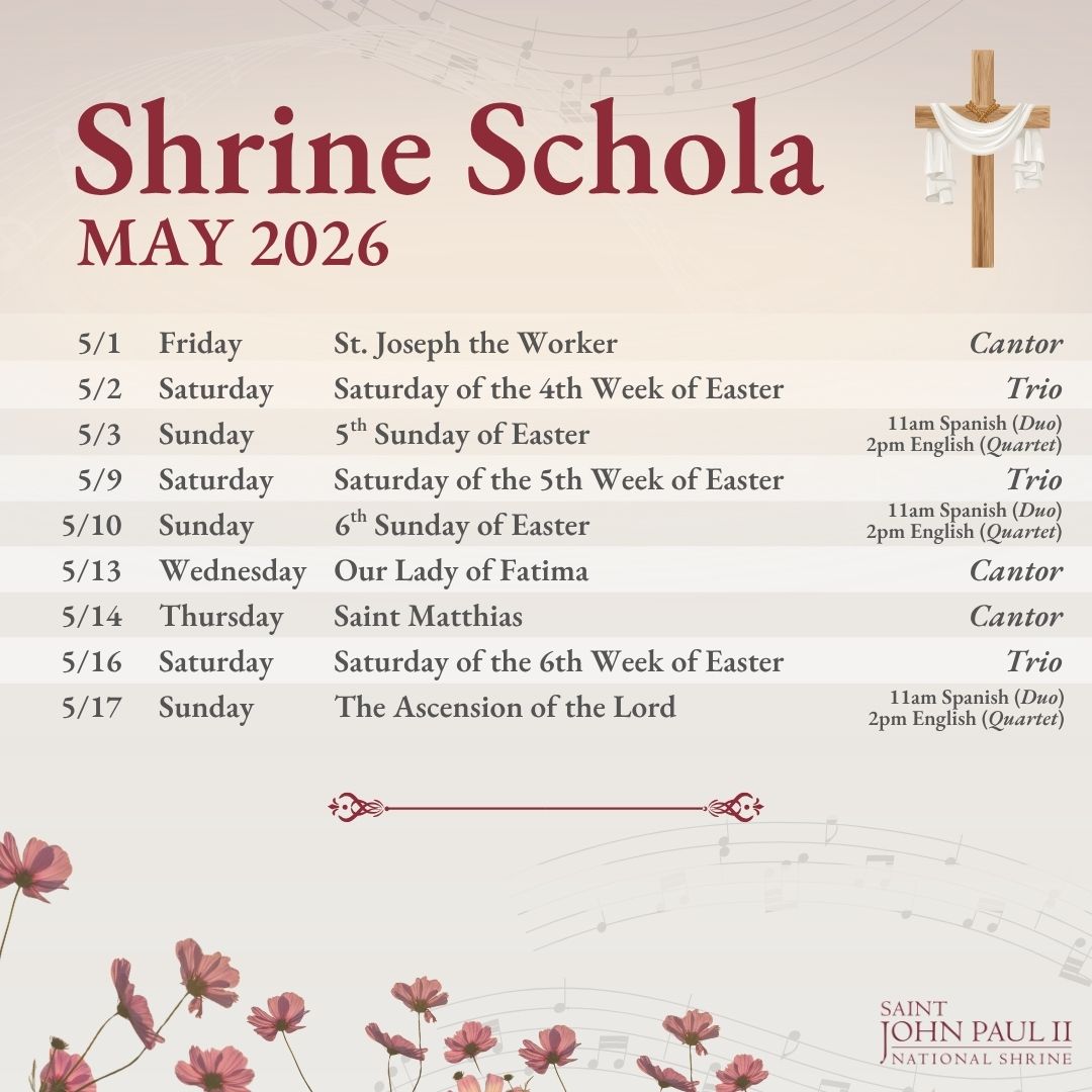 JP2Shrine's tweet photo. As we continue to celebrate the Easter season, come join us for worship in the month of May, which is dedicated to our Blessed Mother.
#shrineschola #beautyofmary #sacredmusic #easterjoy #jpiishrine https://t.co/L1oiUJS35j