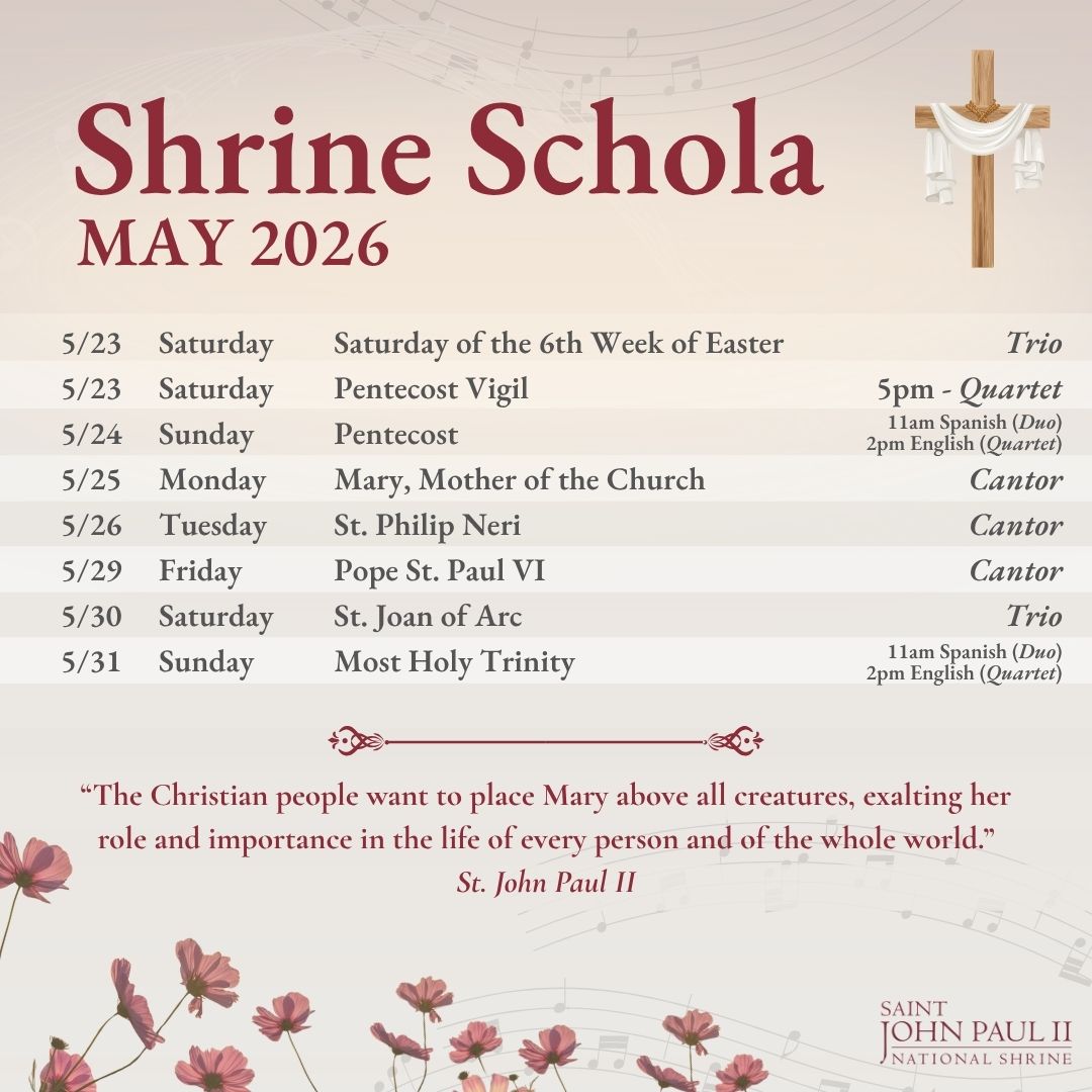 JP2Shrine's tweet photo. As we continue to celebrate the Easter season, come join us for worship in the month of May, which is dedicated to our Blessed Mother.
#shrineschola #beautyofmary #sacredmusic #easterjoy #jpiishrine https://t.co/L1oiUJS35j