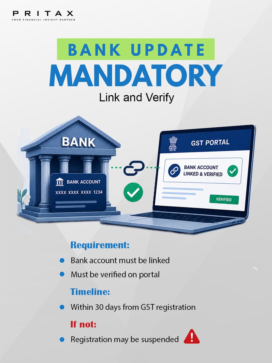 PritaxAdvisory9's tweet image. Don’t miss this update 🚨
Link &amp;amp; verify your bank account on the GST portal within 30 days — stay compliant, stay secure✅

#GSTUpdate #GSTCompliance #BusinessAlert #TaxUpdates #Explore