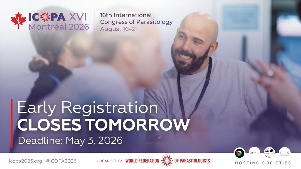 ICOPA2026's tweet image. Early registration for #ICOPA2026 ends tomorrow!

Save up to $150 and secure your place at the largest global parasitology congress - where research, collaboration, and real-world challenges meet.

🔗 bit.ly/4chQ1lq

#Parasitology #GlobalHealth @WorldFedPara