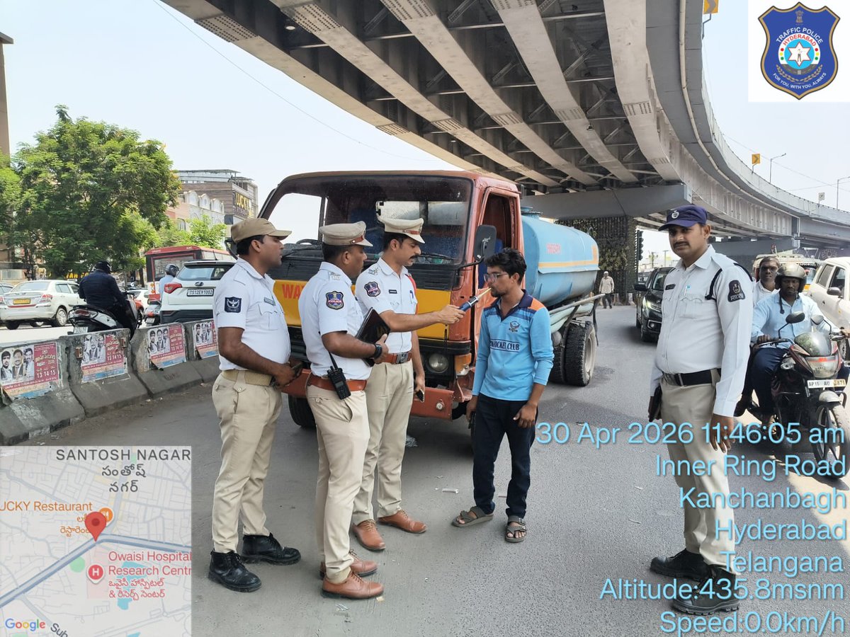 NewsMeter_In's tweet photo. #Hyderabad steps up #daytime #drunkdriving checks 

#Santoshnagar Traffic Police conducted surprise DD drives at #ISSadan & #DMRL Junctions—focusing on #schoolbuses, #autos, #ambulances & #watertankers to safeguard #publicsafety.

Daytime checks now across major junctions.

Offenders produced before #court.

#Jail terms: 2–15 days.

27 #violators already jailed this year

Inspector Mohammad Asif: “Zero tolerance for drunk driving.”

@HYDTP