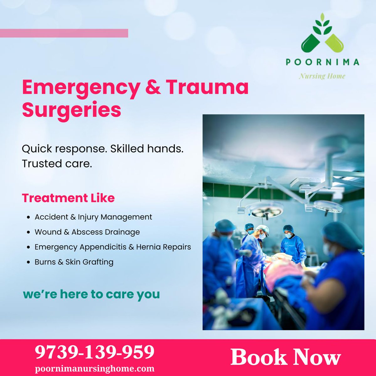 home_poornima's tweet image. Emergency care when every second counts 🚑💙
Fast response, skilled surgeons and trusted trauma care—because your life matters most.
📞 9739-139-959
🌐 poornimanursinghome.com
#EmergencyCare #TraumaCare #Surgery #Healthcare #CriticalCare #Doctors #PatientCare #LifeSaving