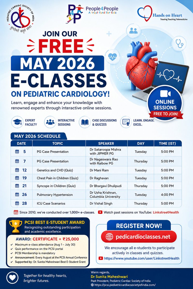PCSI_officially's tweet image. PCSI #eclasses- May 2026 schedule

Anyone interested can log onto lnkd.in/g7mNZmN3 and register to attend, for free😊
#education
#students
#doctor
#onlineclasses
#medicaleducation
#harth
#pediatrics
#Cardiology
#aiimsdelhi
#PCSI