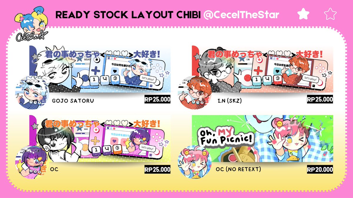 HaloCecel's tweet photo. ⭐ Katalog BY REQ + READY STOCK layout chibi @CecelTheStar cek #ResultCEL atau akses https://t.co/N9EIH1WYUc… untuk portfolio! 💬 ORDER VIA WA:  https://t.co/QEZlkuH512 #bealanja https://t.co/unq6VJcdNB