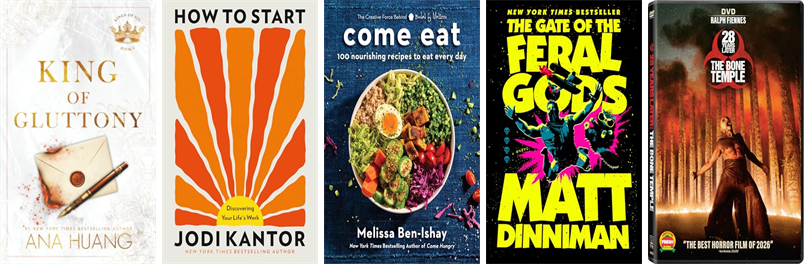 Topsfield_Lib's tweet photo. This week the Topsfield Town Library has 146 new books and two new movies.  New items include King of Gluttony, How to Start, Come Eat, The Gate of the Feral Gods, 28 Years Later, Mad Mabel, We Burned So Bright, What to Make of a Life, and Marty Supreme. https://t.co/aWSMh3R1wO https://t.co/EvrRZnF14W