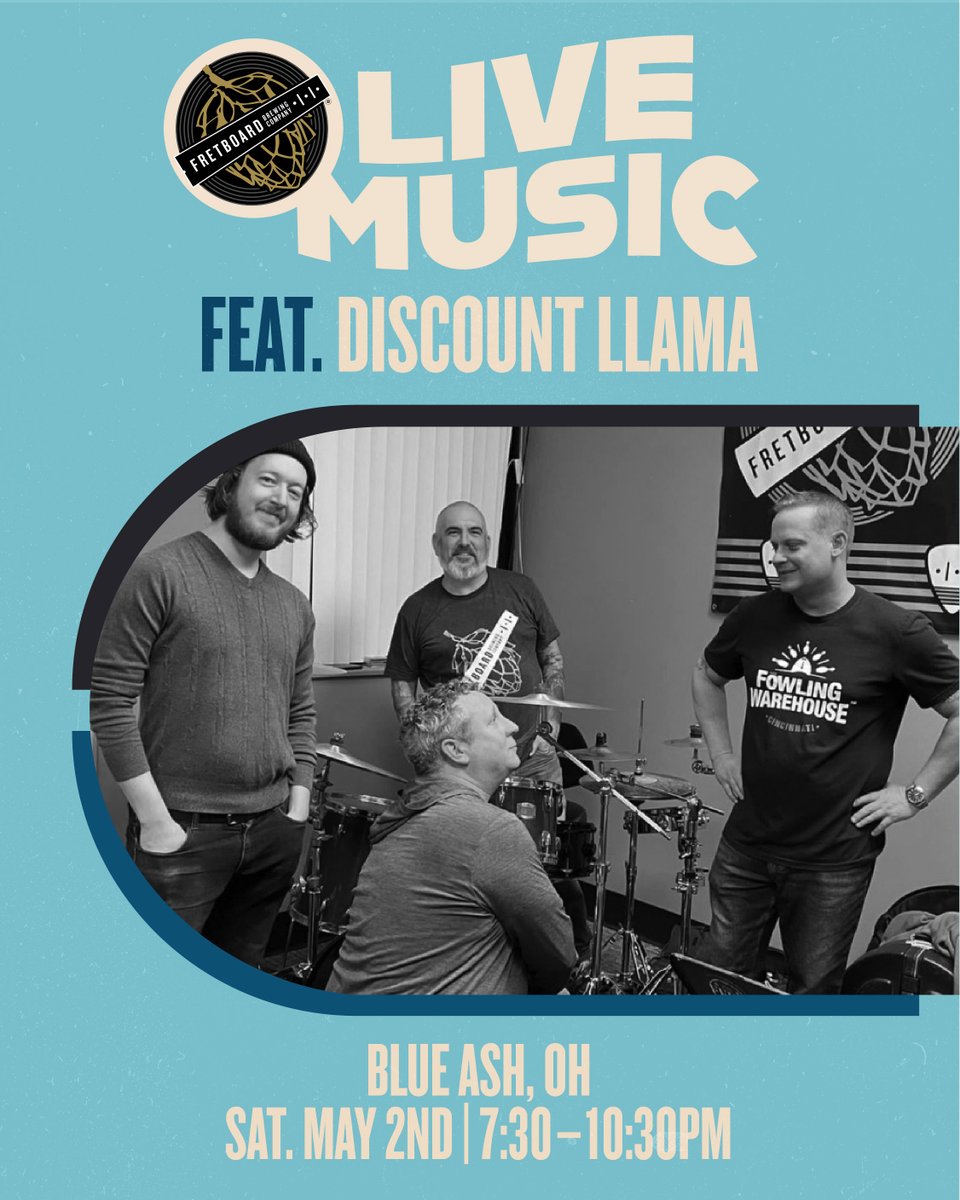 FretboardBrewCo's tweet image. Discount Llama is playing tonight at Fretboard Blue Ash! Voted Cincinnati's 3rd Best Local Band in City Beat's Best of Cincinnati 2026, they're bringing all of the jams! Join us from 7:30–10:30PM for some tunes and brews!

#drinklocal #rocklocal #cincybrau