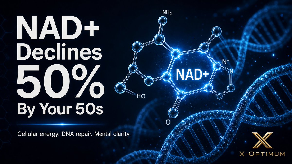 xoptimumwell's tweet image. NAD+ levels drop nearly 50% by your 50s. That means slower cell repair, less energy, and more brain fog. Optimized NAD+ by X-Optimum delivers 500mg NAD+ + Quercetin + Resveratrol to support cellular energy from the inside out. #NAD #Longevity #Biohacking
