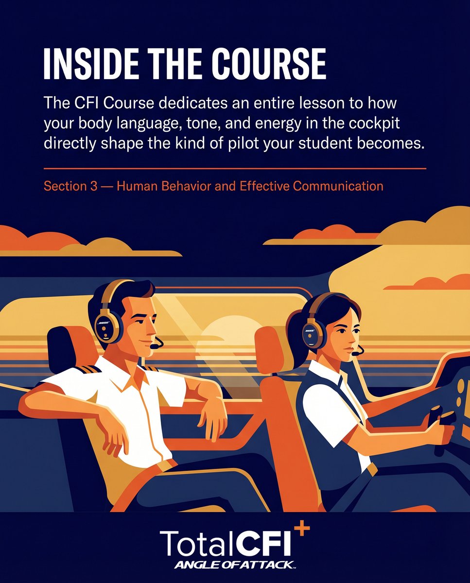angleofattack's tweet image. Your calm is a skill. Use it.

Students mirror who you are. Your energy in the cockpit shapes the pilot they become.

Get access → angleofattack.com/cfi-course 👇

#CFI #flying #aviation #studentpilot #learntofly