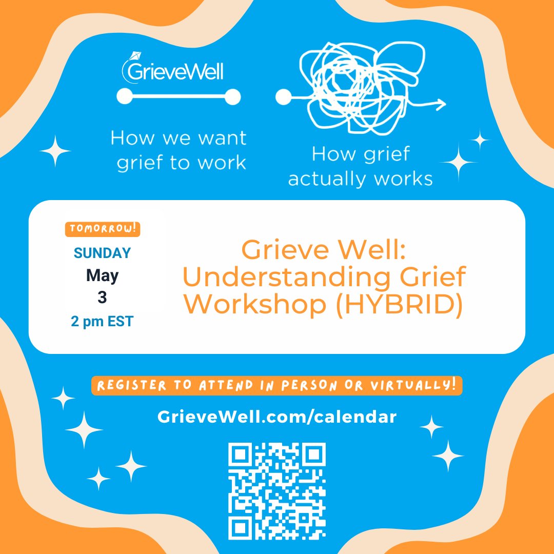 grievewell's tweet image. Join us TOMORROW on Sunday, May 3 @ 2 pm EST for a HYBRID Understanding #Grief workshop - meeting in person @ Livingston Business HUB (123 E Washington St, Howell, MI 48843) or joining virtually. Register to attend this FREE workshop 👉 grievewell.com/calendar. #healing #grievers