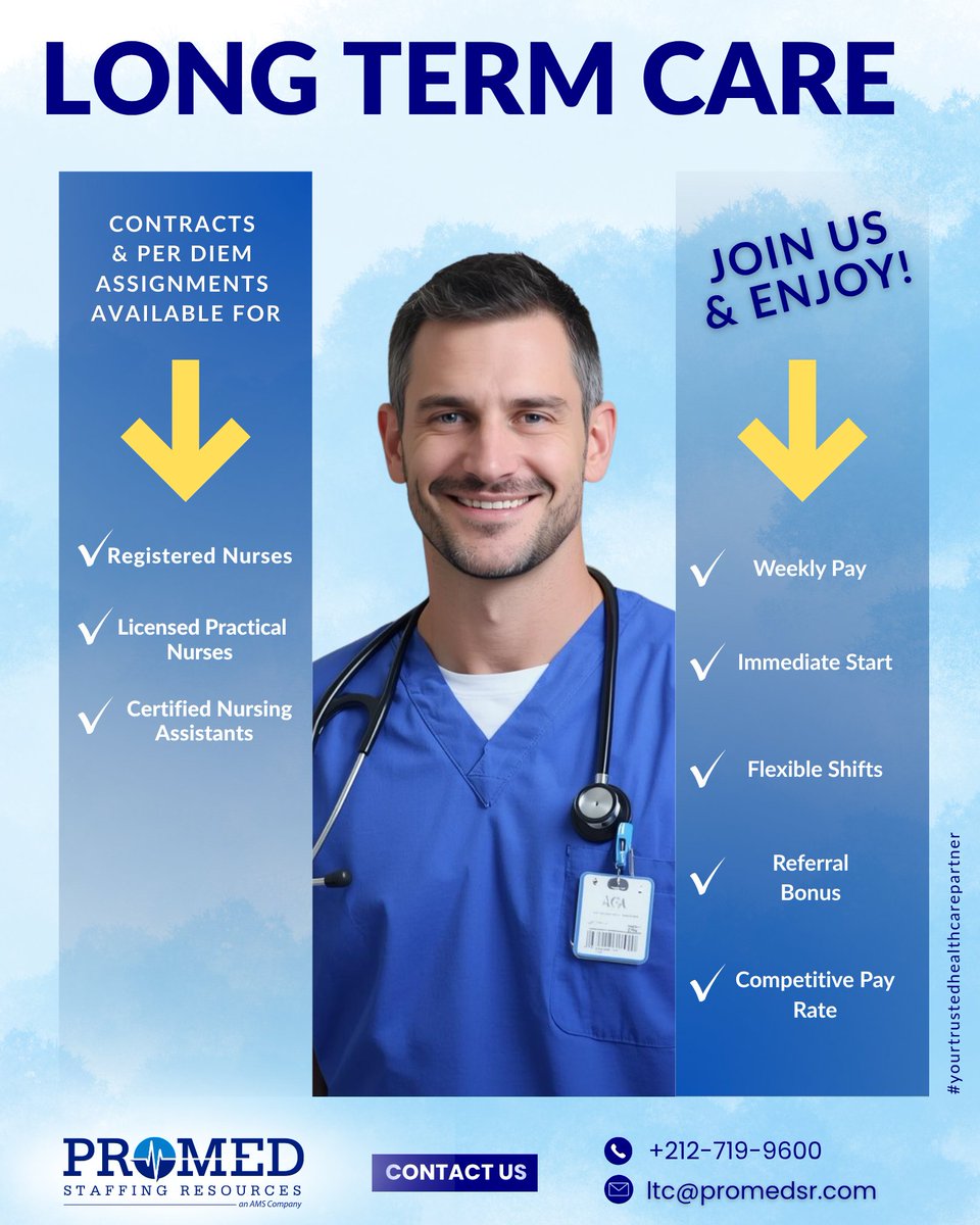 promed_staffing's tweet image. ProMed Staffing Resources is seeking newly graduated #RNs, #LPNs, and #CNAs for roles across #NY, #NJ, and #PA. To learn more about our #longtermcare opportunities, email ltc@promedsr.com or call (212) 719 9600 Ext. 306.
 
#newgradrn #licensedpracticalnurse #promedsr #hiring