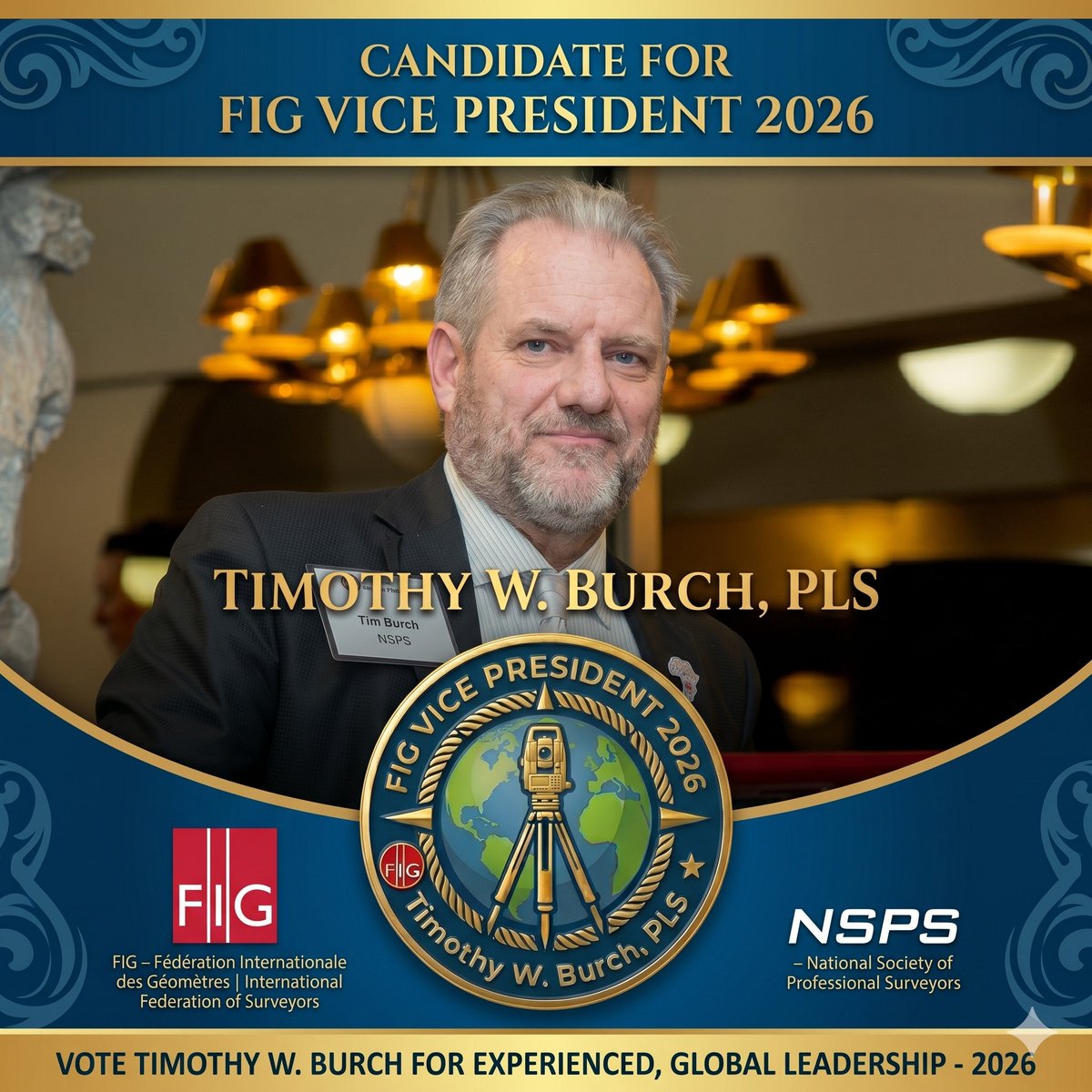 NSPSINC's tweet photo. 🗳️ Vote Tim. NSPS Executive Director Tim Burch is running for VP of @FIG, the International Federation of #Surveyors.

If you are a FIG member or part of the international #surveying community, please join us in supporting Tim with your vote. 

https://t.co/i0IyOw02qr https://t.co/ABPGKy9EAQ