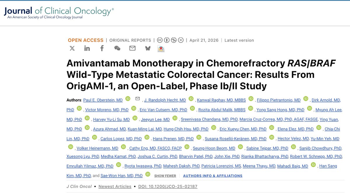 ASCOPost's tweet image. 🧬 Amivantamab shows promise in chemorefractory #CRC. 

In the OrigAMI-1 trial, the EGFR-MET bispecific antibody demonstrated durable responses across tumor sidedness and prior anti-EGFR exposure. 

🔹 Paul E. Oberstein, MD of @nyulangone | @JCO_ASCO 

🔗 ascopost.com/news/april-202…