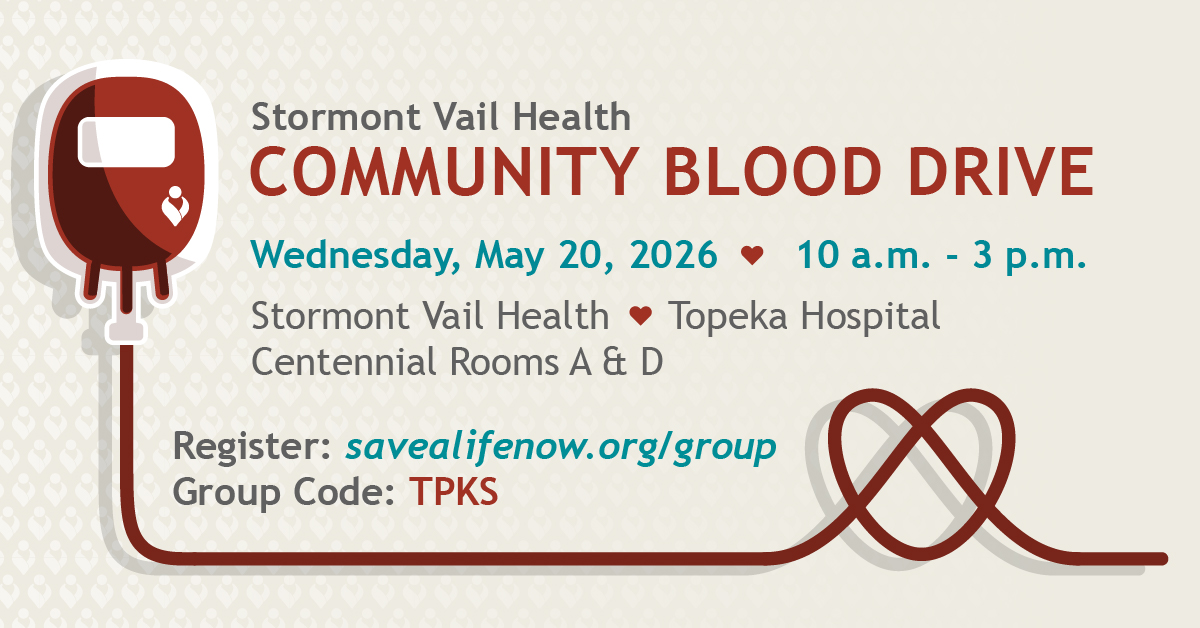 StormontVail's tweet image. One small act can make a lifesaving difference. Your donation can save up to three lives.
📅 10 a.m.–3 p.m. | Wednesday, May 20, 2026
📍 Centennial Rooms A &amp;amp; D, Stormont Vail Hospital
Sign up at ow.ly/oL0w50YTsmo using group code TPKS. 
@commbloodctrkc #GiveLife #BloodDrive
