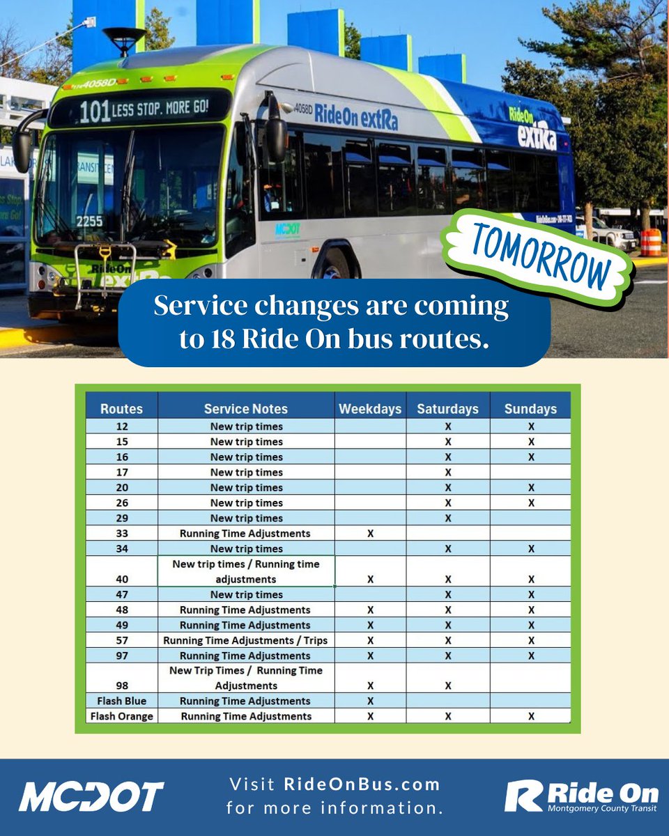 RideOnMCT's tweet photo. Ride On service changes start tomorrow! π’
Stay ahead of the change and check your route schedule today!
Visit: https://t.co/k5OSYiK9M4
#RideOnServiceChanges https://t.co/EWh6CEktm1