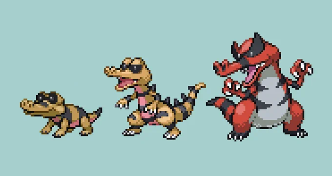 #pixelart #ドット絵 メグロコ・ワルビル・ワルビアル。 過去に上げた気がしたけど見つからなかったので再投稿