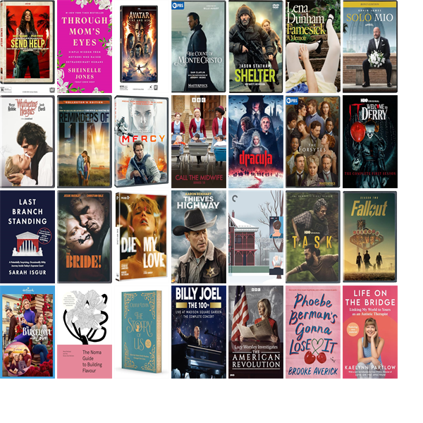 hendolibrary's tweet photo. This week the Henderson County Public Library has 792 new books and 27 new movies.  New items include Send Help, Through Mom's Eyes, Avatar, The Count of Monte Cristo, Shelter, Famesick, Solo Mio, Wuthering Heights, Reminders of Him, and Mercy. https://t.co/4NOsyxUSy6 https://t.co/5GuprvFxJp