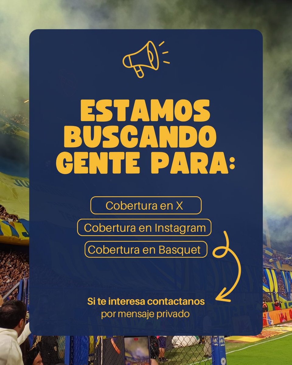 🔵🟡 ¡SUMATE A BOCA NET! 🔵🟡

En BocaNet estamos buscando gente para el equipo 💪

📲 Cobertura en X (Twitter)
📸 Contenido para Instagram
🏀 Seguimiento de básquet

🔥 Si sos bostero, te gusta comunicar y querés estar en el día a día del club, este es tu lugar.

📩 Mandanos tu