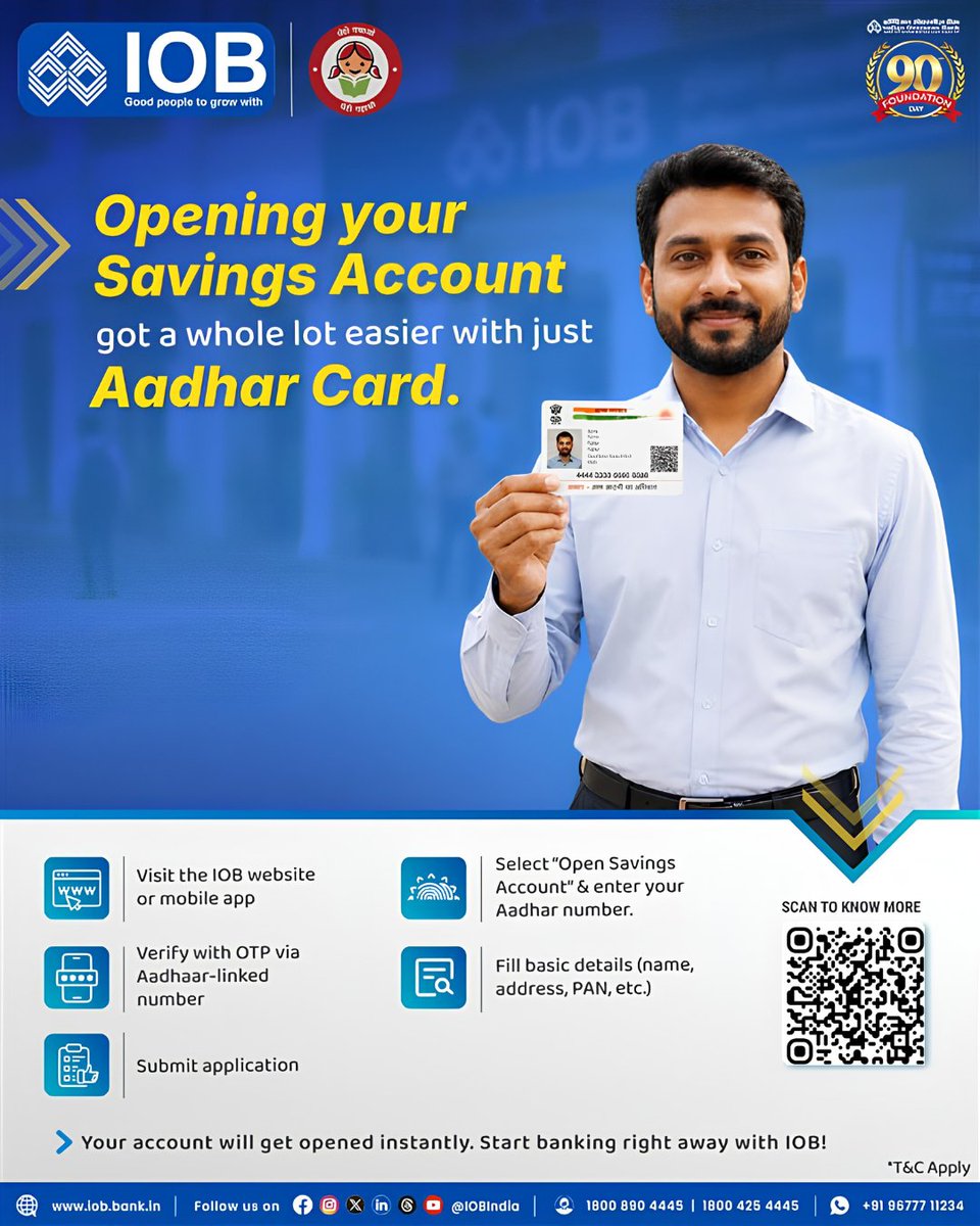 IOBIndia's tweet photo. Opening your savings account is now quick and easy with your Aadhaar & PAN card.
Click here to start the process: https://t.co/RQVJ7uM4hT
#SavingsAccount #Savings #OTP #Aadhar #EasyBanking #IOB #DFS #RBI #IOBForYou #IndianOverseasBank #GoodPeopleToGrowWith https://t.co/qcAAM6oqWS