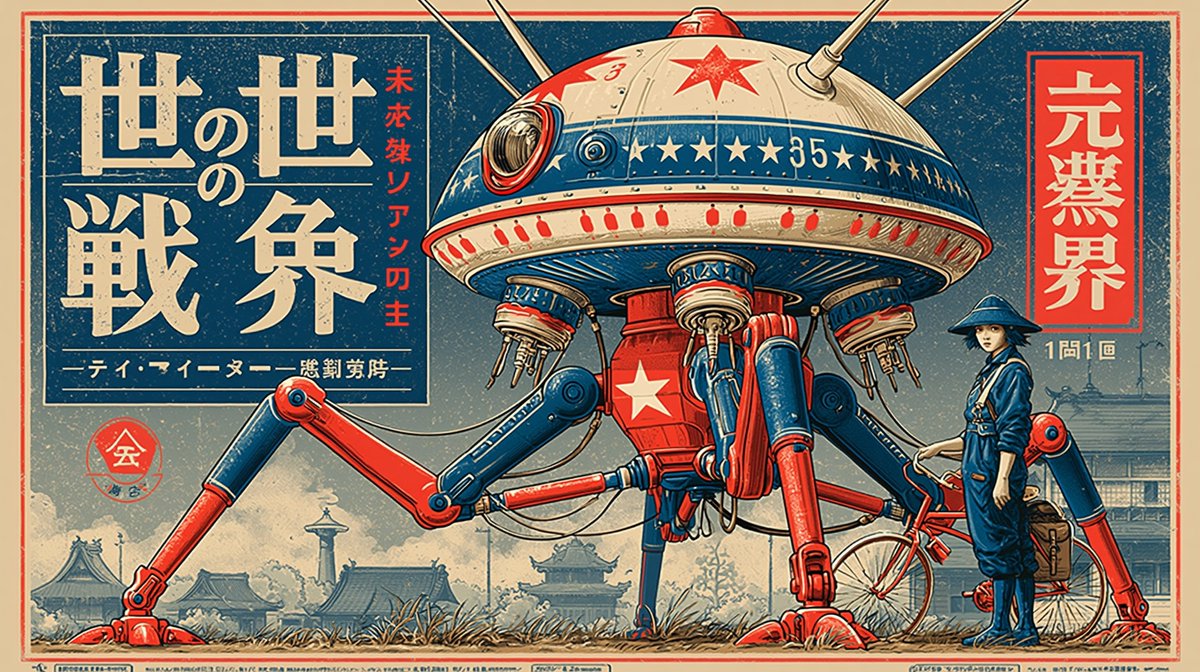 Japanese War of the Worlds Movie Poster --ar 16:9 --raw --sref 229435892 --sw 10
