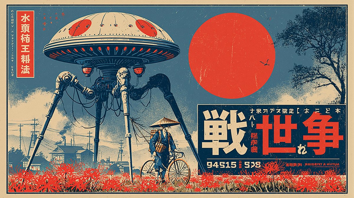 Japanese War of the Worlds Movie Poster --ar 16:9 --raw --sref 229435892 --sw 10