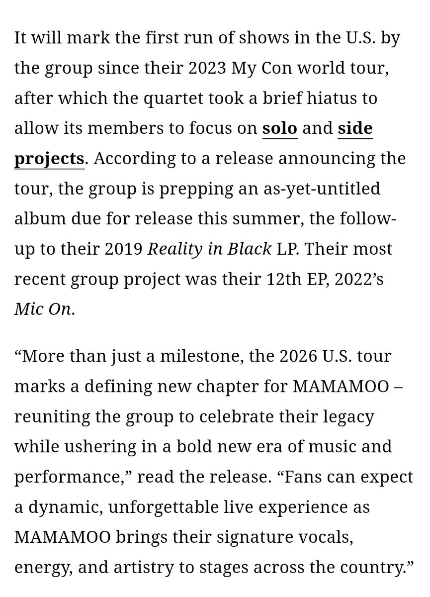 "the group is prepping an as-yet-untitled album due for release this summer, the follow-up to their 2019 reality in black LP" the way that's worded 🙂😶‍🌫️👀

"defining a new chapter for mamamoo -[...] celebrate their legacy while ushering in a bold new era of music and performance"