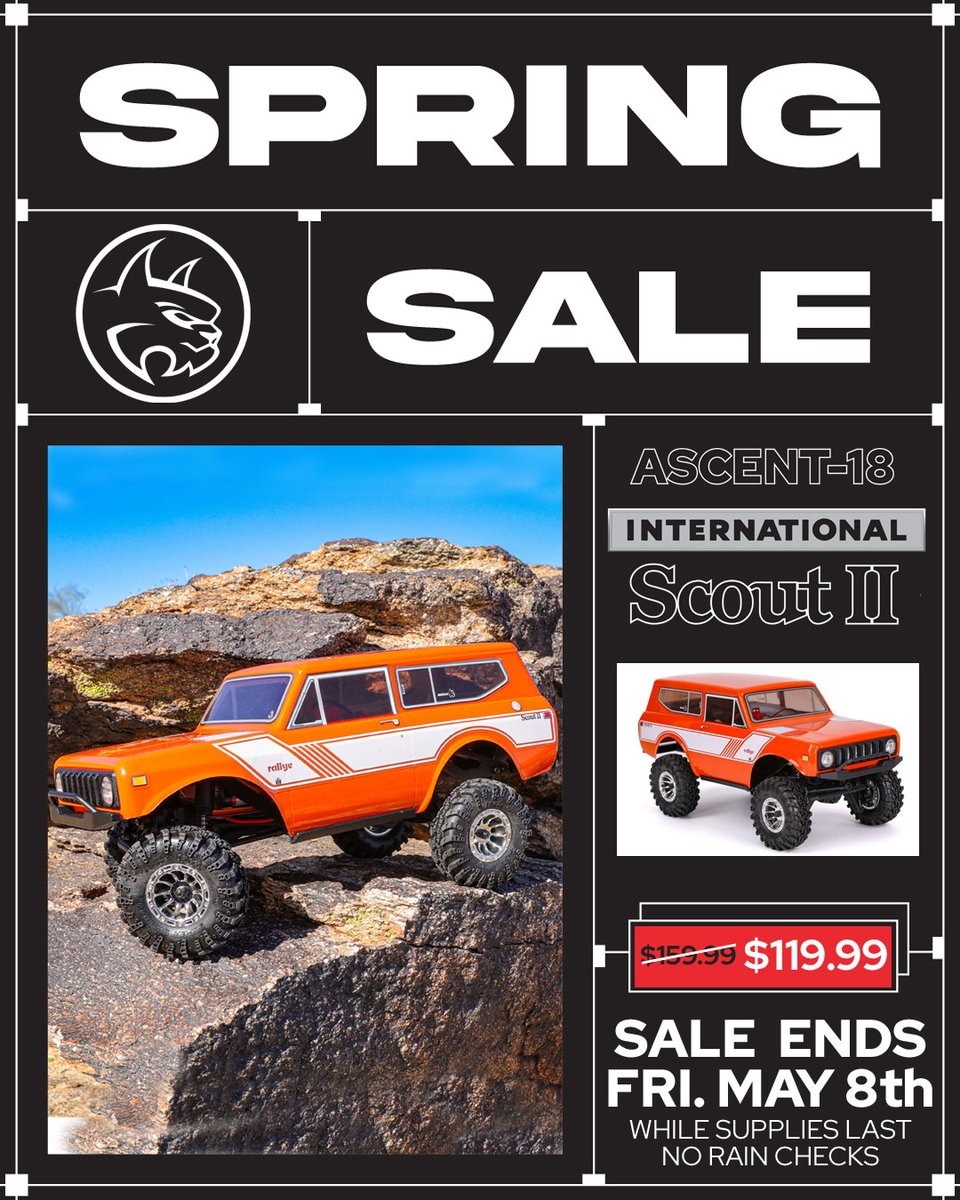 RedcatRacing's tweet photo. Spring into savings with Redcat’s latest sale! 🌷🚗 Score awesome deals on favorites like the Ascent-18 Brushed Scout, while supplies last. Don’t miss out, check it out at: https://t.co/ITvZhSbqM4
Sale ends May 8th, 2026
#Springsavings #sale #redcatracing #scalefunforeveryone https://t.co/EC9TLQhjZn