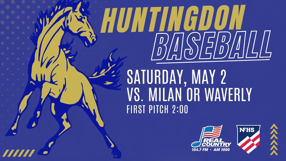 Sports731Net's tweet photo. IT’S GAME DAY: ⚾️

The Huntingdon Mustangs are in action today in the District Championship vs. Milan or Waverly! 

Our coverage led by “The Voice of the Mustangs,” Brian Groom begins at 1:50 with first pitch at approximately 2PM!

Come out to support the Mustangs or tune in with us! 

📺 Watch on NFHS Network: https://t.co/Ms3YkZzwII

📻 Listen on 104.7 FM 

#GoMustangs