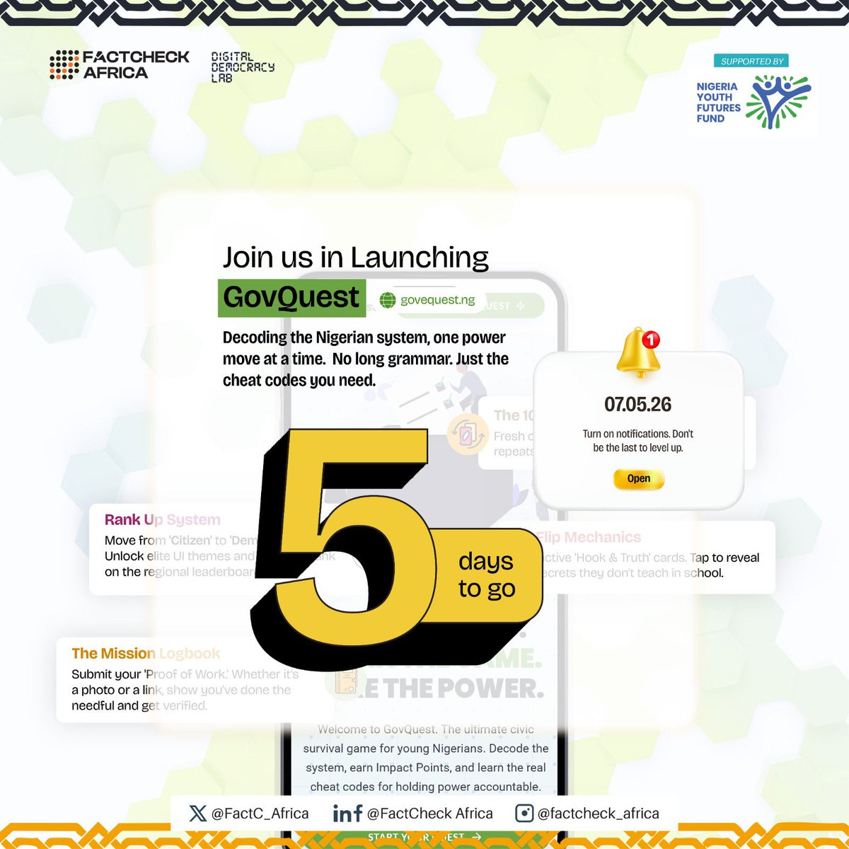 FactC_Africa's tweet photo. 5 days to go.
They said the system is too complex.
Too technical.
Too far from you.
They lied.
We’re simplifying it.
And giving you the tools to engage it.
📅 07.05.26
Don’t miss this.
Cc: @ng_youthfund
#GovQuest #CivicPower #CountdownToLaunch https://t.co/0esxsE93ra